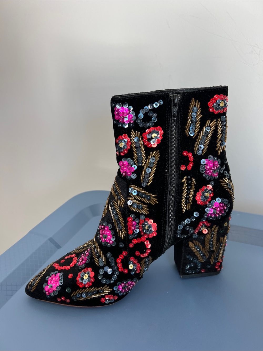 Loeffler Randall isla black velvet multicolored sequins heeled pointed toe boots - Picture 9 of 13